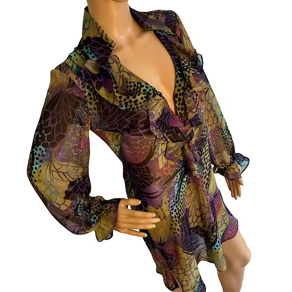 ๐ BISOU BISOU | MARIELLA ANIMALISTIC PRINT SHEER RUFFLE DRESS / BLOUSE SZ S - Picture 4 of 14